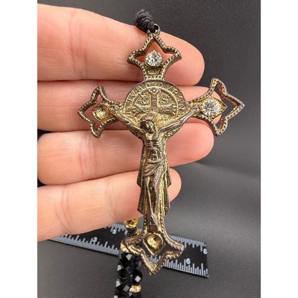 Vintage Beaded Rosary Necklace Black Faceted Glass Rhinestones HUGE 32" READ - Picture 3 of 11